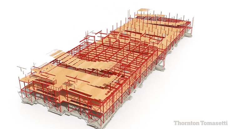 Click to view more about mass timber use at Microsoft data centers. Animation of Ascent's timber modeling