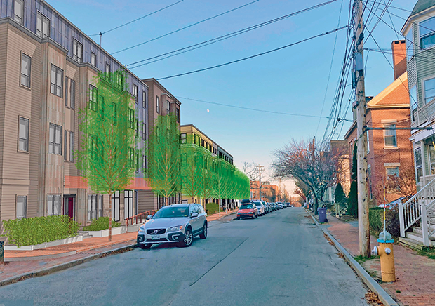 Redevelopment of the three-acre Mercy Hospital campus will make way for Winter Landing (left foreground) and the Equinox (left background) affordable housing developments.