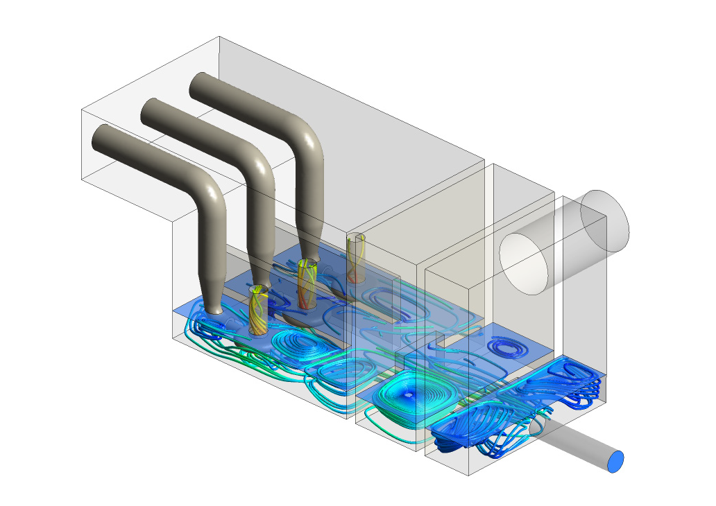 Streamlines showing non-uniform approach flow in a series of pump bays.