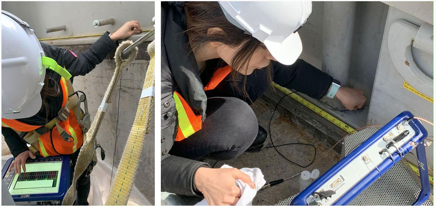 Ultrasonic testing to detect the debonding of steel base plate on a grout bed.