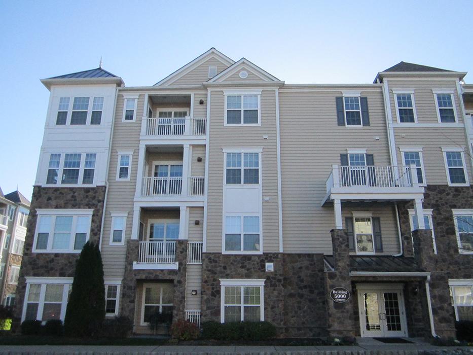 Typical four-story front of garden homes at Reserve at Gwynedd in Upper Gwynedd, Pennsylvania. 