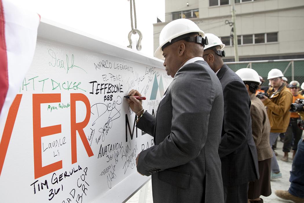 Mayor Eric Adams at the Wildflower Film Studios topping out ceremony on February 16, 2023.