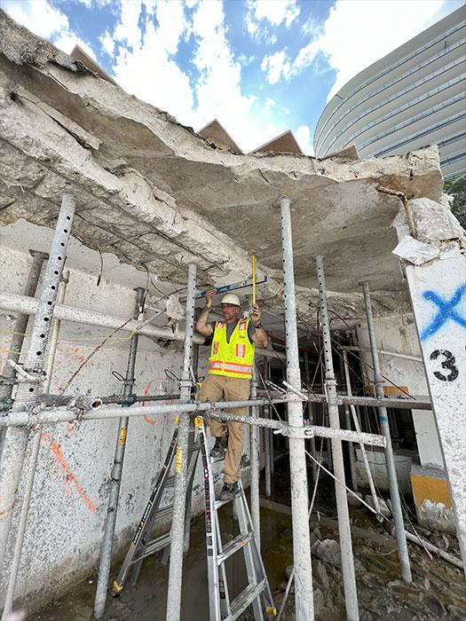 Field assessment with GPR scans to evaluate the as-built condition of the slab after collapse.