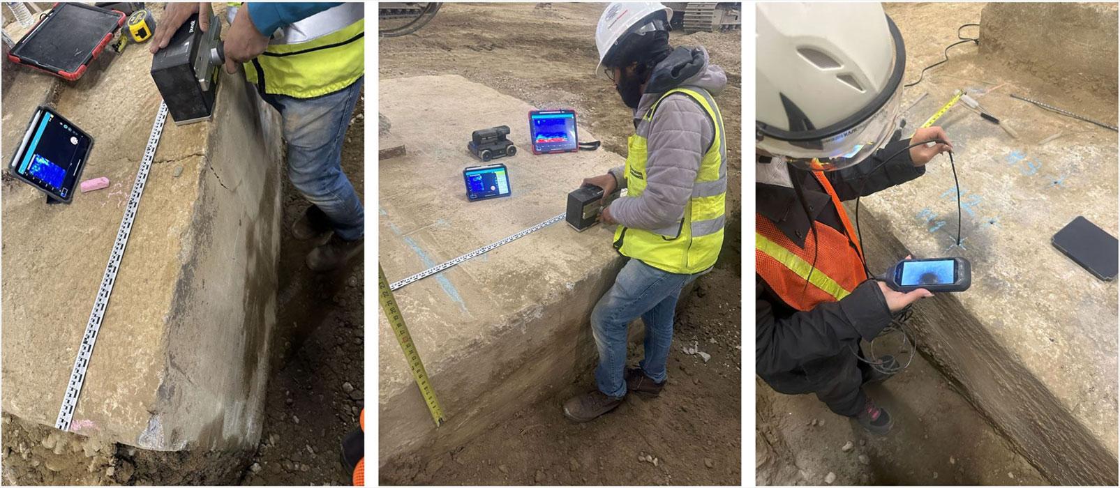 Left two images: Ultrasonic imaging to detect delamination and voids inside concrete foundation. Right: Use of a borescope to confirm imaging results.