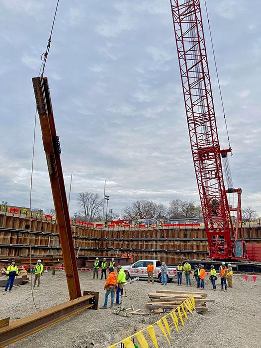 First columns and beam for Ryan Field Redevelopment in Evanston, Illinois.