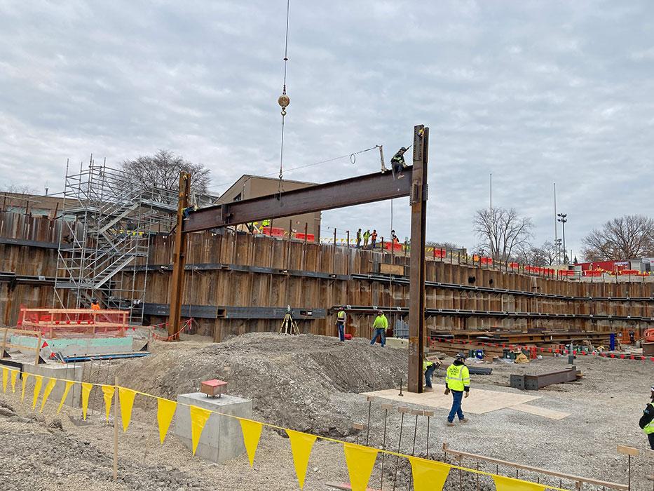 First columns and beam for Ryan Field Redevelopment in Evanston, Illinois.