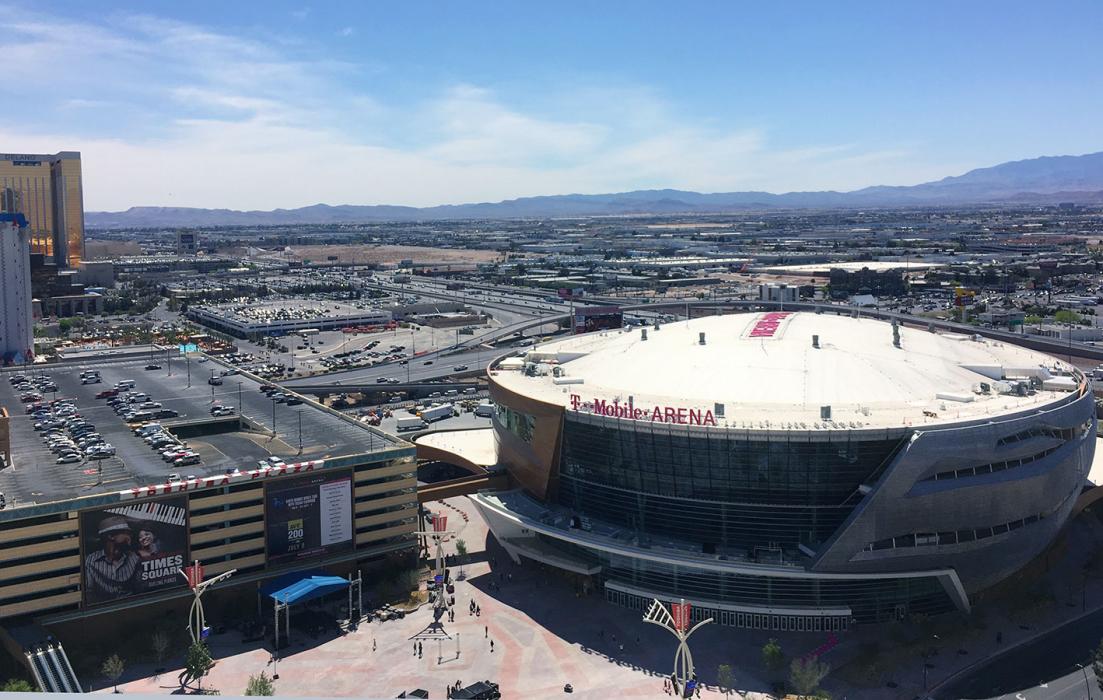 Aerial view of T-Mobile Arena on the Strip, Las Vegas, Nevada, USA